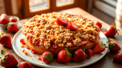 Bolo crumble de morango caseiro com farofa crocante e morangos frescos.