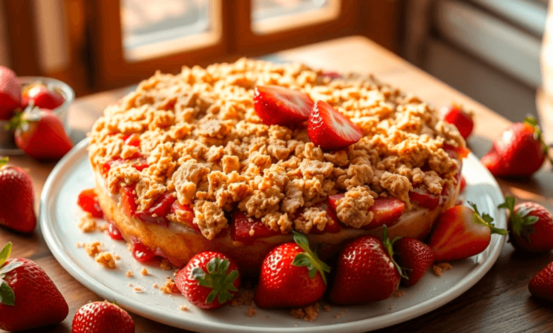 Bolo crumble de morango caseiro com farofa crocante e morangos frescos.