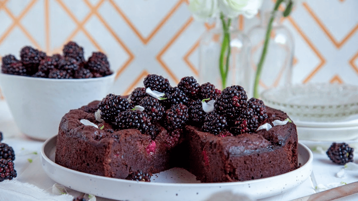 Bolo de amora de liquidificador com glacê e amoras frescas