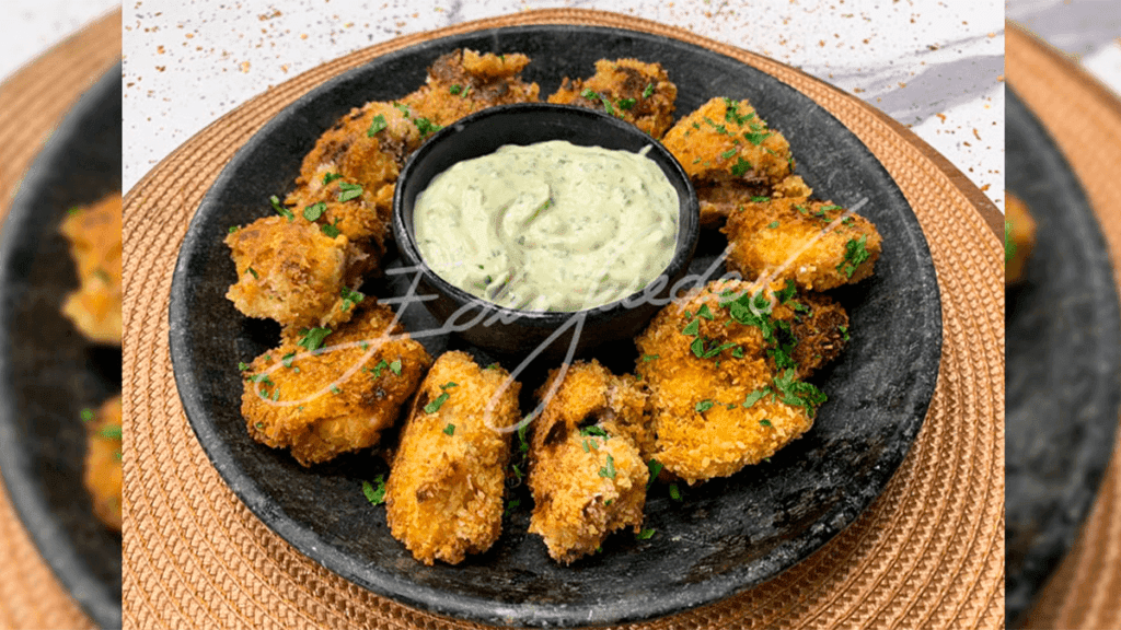 Pedaços de frango a passarinho assados no forno, dourados e crocantes, servidos em uma travessa, representando o resultado final da receita e o tema do artigo.