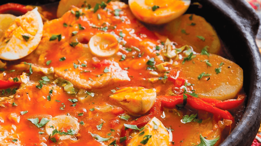 Uma travessa com peixe cozido e batatas, decorado com ervas frescas, representando uma das receitas sugeridas no artigo e a combinação de sabores.