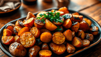 Batata rústica assada no forno, dourada e crocante, disposta em uma travessa.