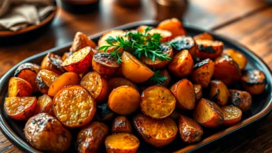 Batata rústica assada no forno, dourada e crocante, disposta em uma travessa.