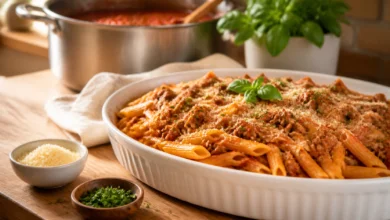 Travessa grande de macarrão ao molho bolonhesa preparada para servir 50 pessoas