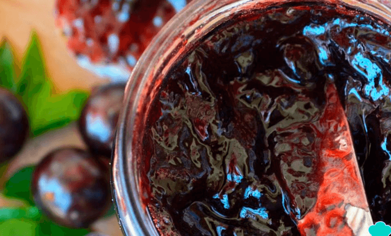 Pote de geleia de jabuticaba caseira recém-preparada, com jabuticabas frescas ao redor.