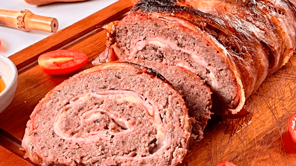 Um rocambole de carne assado e fatiado, mostrando o recheio de queijo e presunto e a suculência da carne, representando o resultado final da receita.