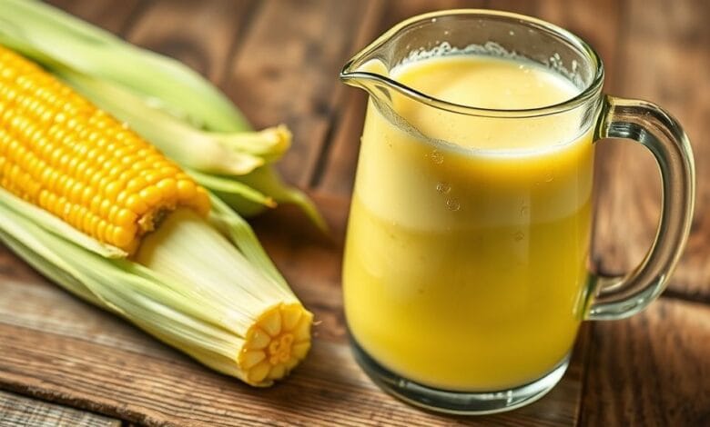 jarra transparente com suco de milho verde cremoso e gelado, com gotas de condensação, sobre uma superfície de madeira rústica.