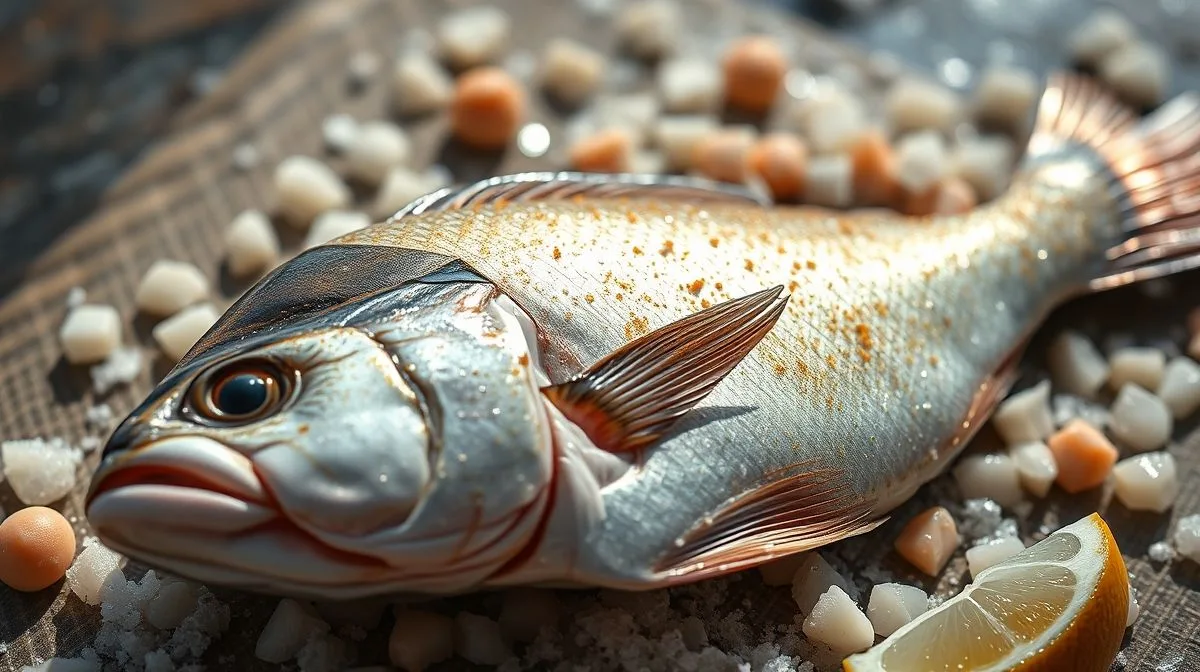 Foto detalhada de um tablete de bacalhau do porto seco e salgado, exibindo sua textura tradicional e cor, com luz natural suave destacando os detalhes do peixe