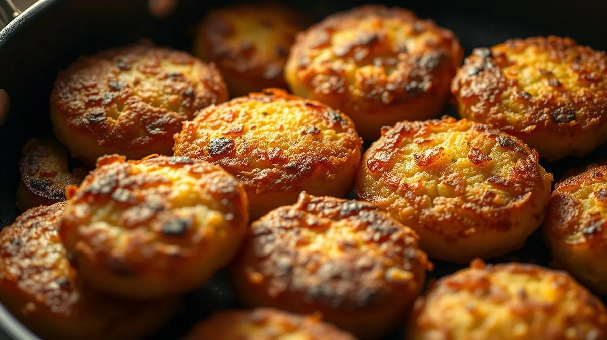 Imagem detalhada de bolinhos crocantes de batata fritos com textura dourada, dispostos em uma frigideira antiaderente, luz suave para evidenciar crocância e cor