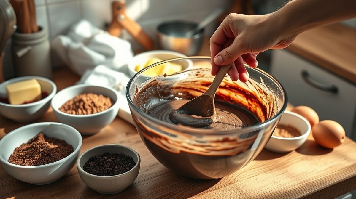 Imagem do processo de preparo do brownie ultracremoso, tigelas com ingredientes, massa cremosa sendo misturada, ambiente de cozinha aconchegante, luz natural