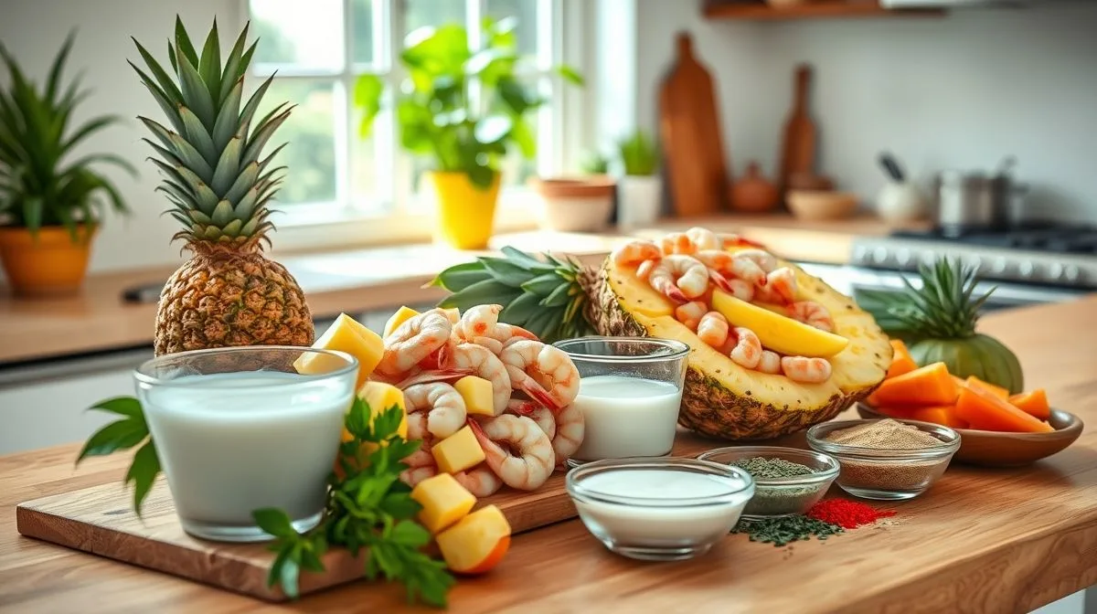 Processo de preparo de camarão no abacaxi mostrando os ingredientes frescos como camarão, abacaxi, leite de coco e temperos em uma cozinha iluminada