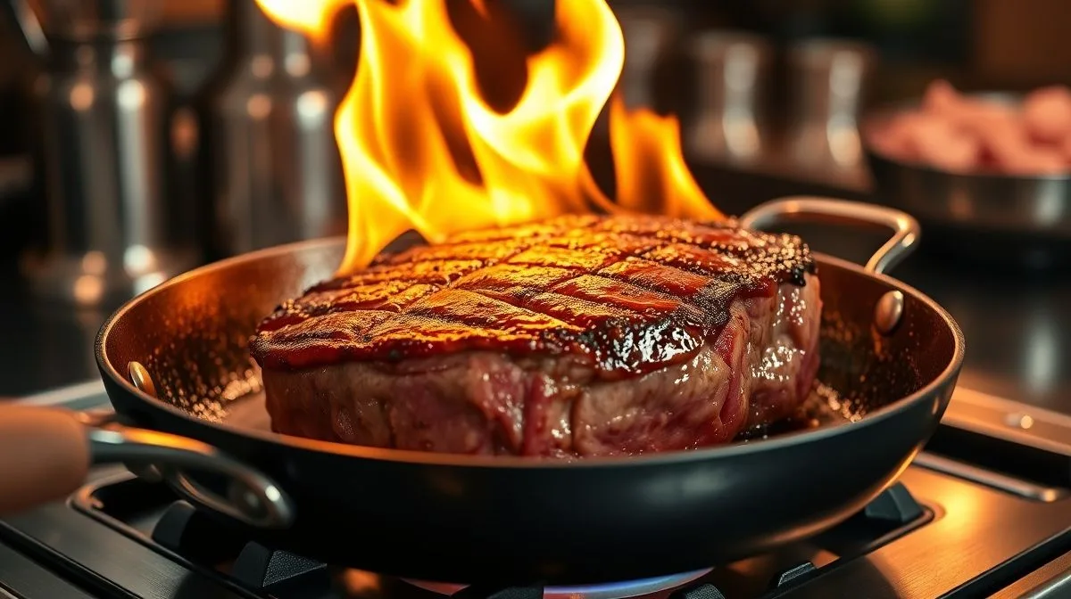 close-up de filé mignon flambado na frigideira com chama, mostrando textura suculenta e brilhante, cenário de cozinha gourmet