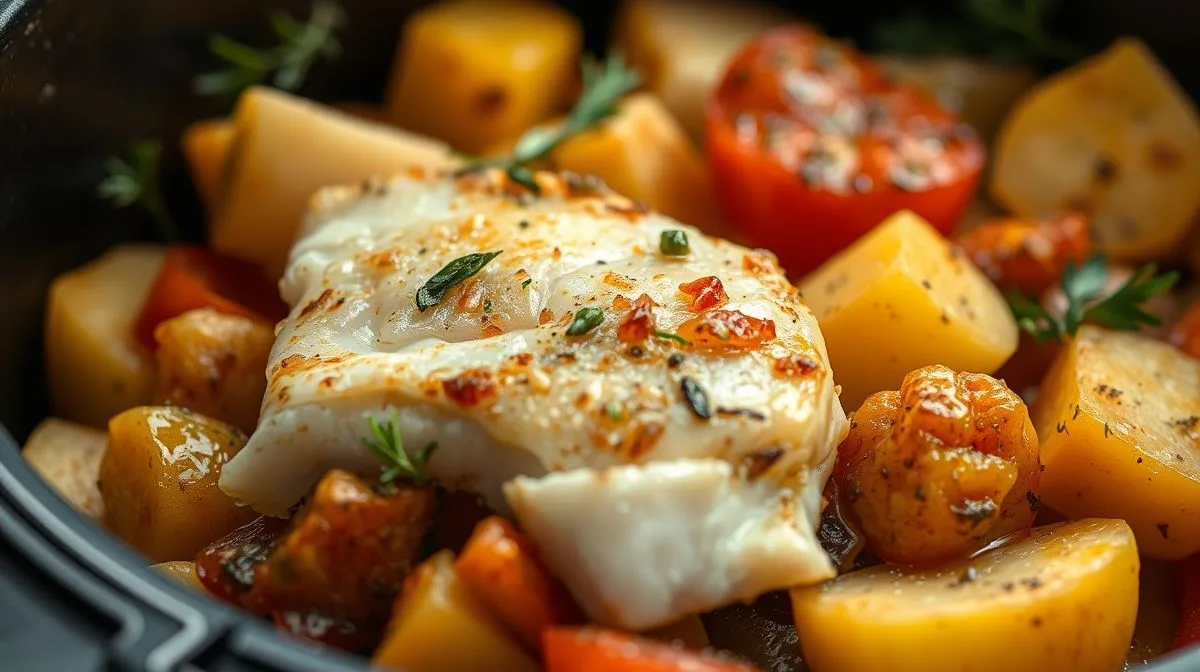 Close-up de bacalhau com batatas e legumes sendo preparado na cesta da airfryer, mostrando textura dourada e crocante, com detalhes do azeite e temperos ao redor