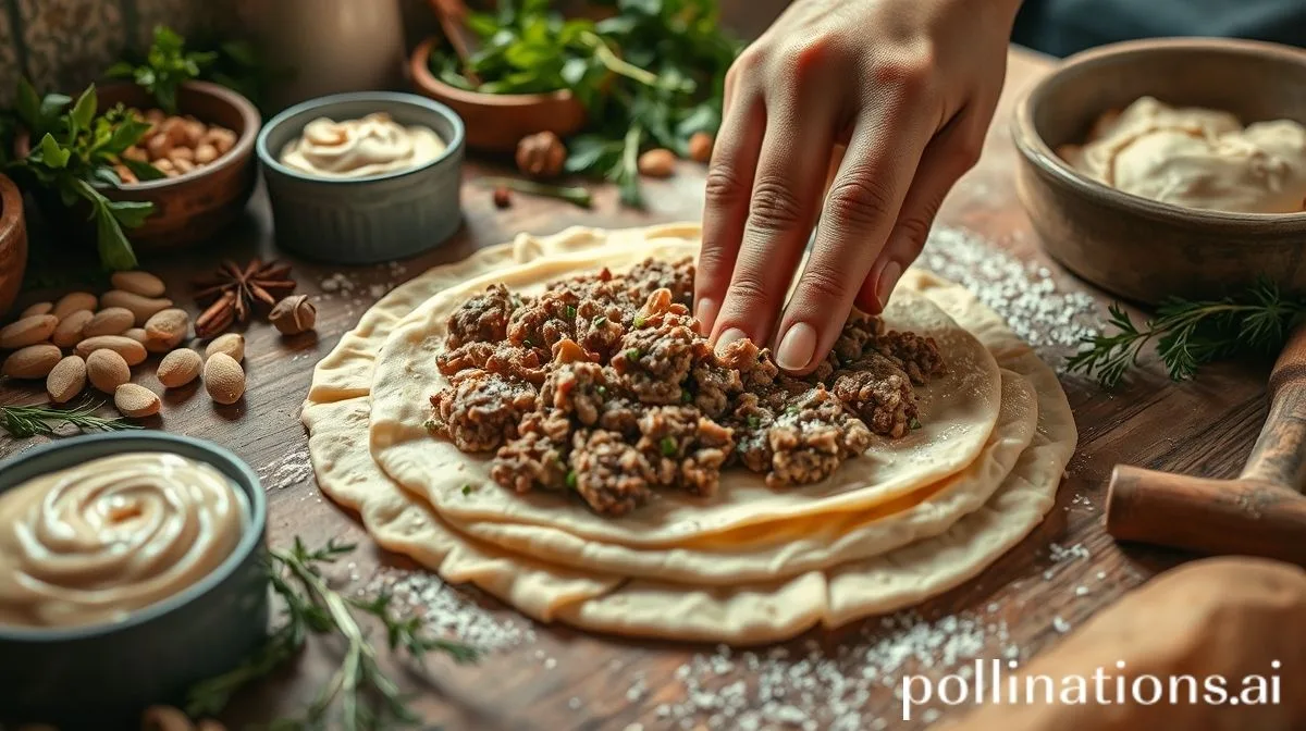 Close-up detalhado da preparação de esfiha folhada caseira, mostrando mão espalhando recheio de carne temperada sobre massa folhada, ingredientes frescos ao redor como pinoli, tahine, especiarias e ervas, ambiente de cozinha caseira iluminada