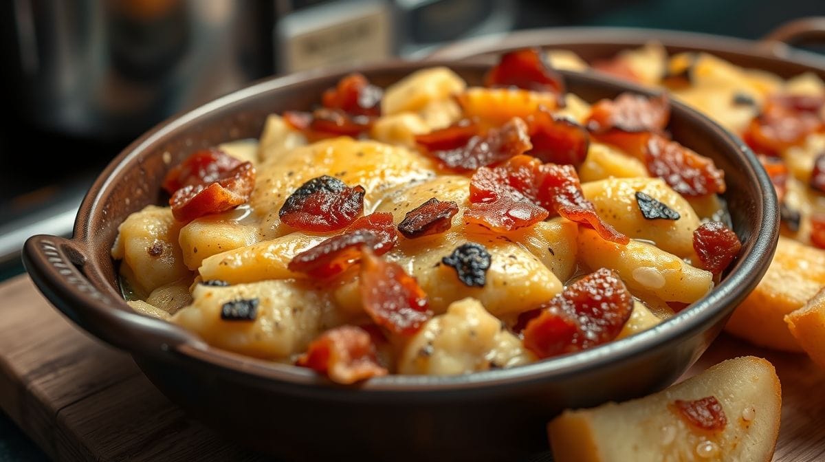 Close-up de farofa de cuscuz com calabresa e bacon em uma tigela rústica, mostrando textura úmida e pedaços crocantes, cenário de cozinha acolhedora