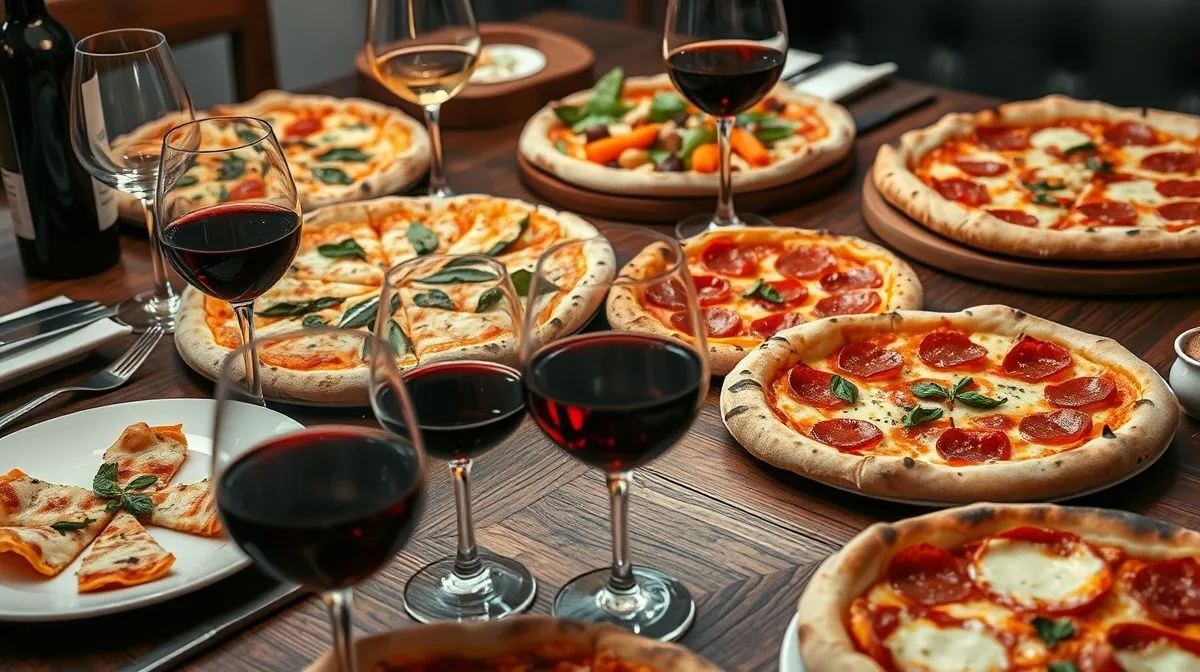 Detalhe de uma mesa com várias pizzas diferentes acompanhadas por diversos tipos de vinho, incluindo tintos, brancos e espumantes, cenário rústico e elegante