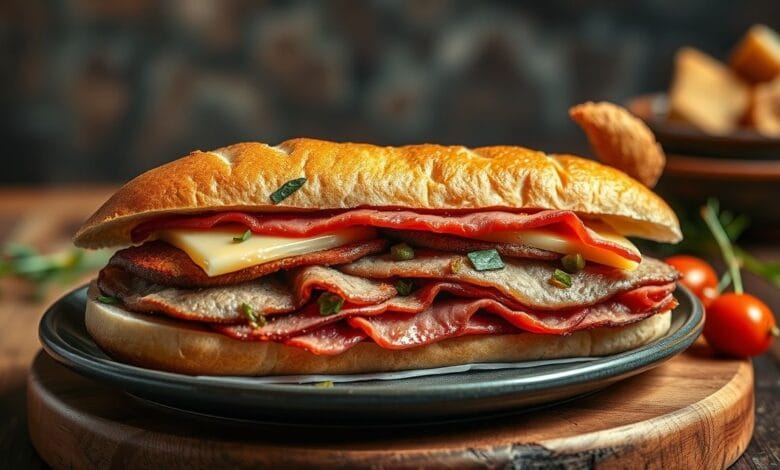 Apetitoso de um sanduiche de pastrami com fatias suculentas de carne curada, queijo derretido, picles e pao frances, com fundo rustico e iluminacao natural, estilo culinaria gourmet.