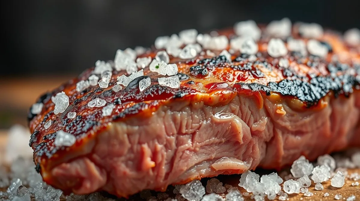 Imagem close-up da picanha engessada sendo aberta, mostrando a textura da crosta de sal quebrada com papel alumínio e carne suculenta ao fundo