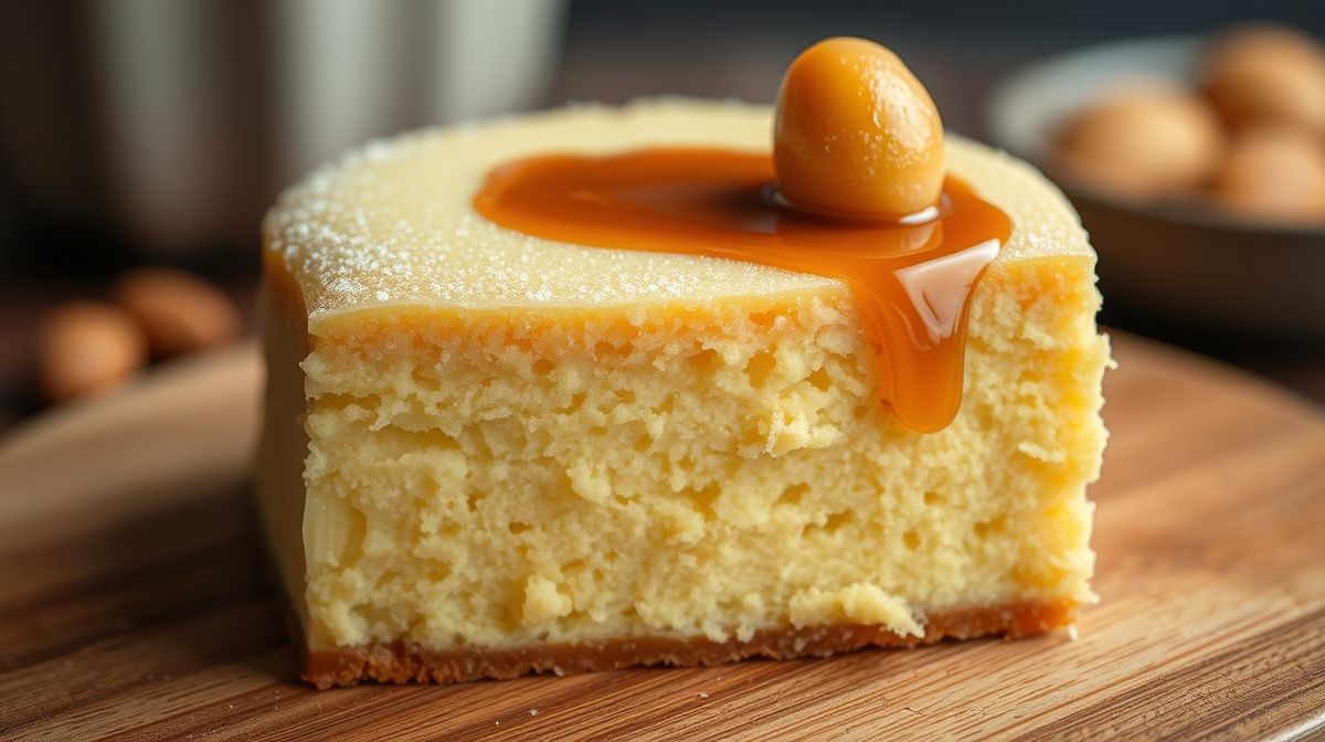 Close-up de uma fatia de pudim de leite com paçoca mostrando textura cremosa e furinhos, calda de caramelo escorrendo, com detalhe em paçoca esfarelada por cima, fundo desfocado de mesa de madeira