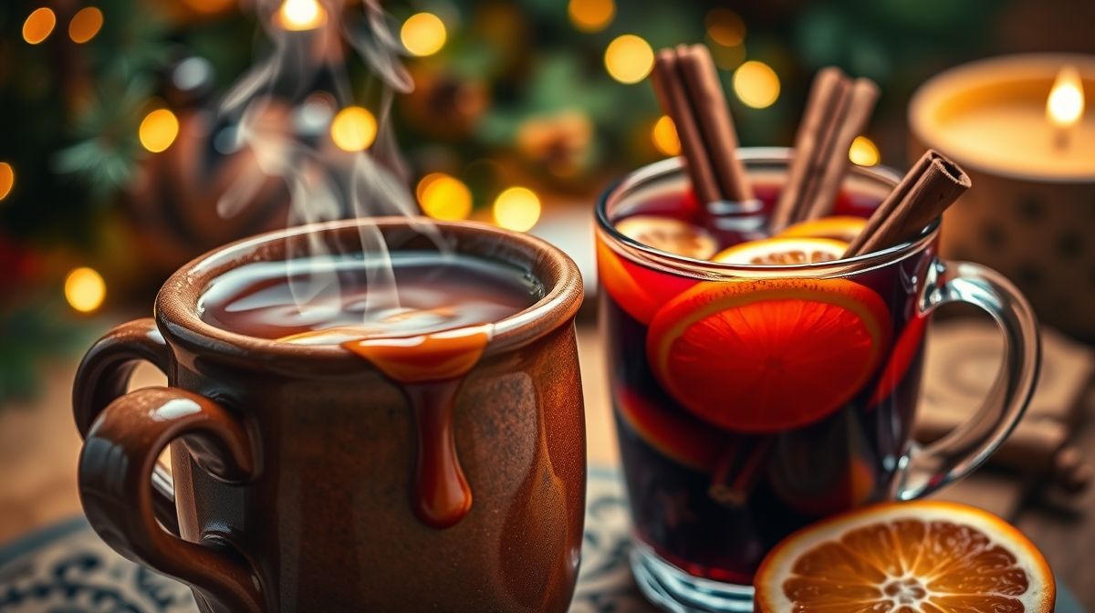 Close-up de duas bebidas típicas da Festa Junina: quentão com calda caramelizada em uma caneca de barro, e vinho quente com frutas cítricas, canela em pau e cravo, em um ambiente aconchegante e festivo