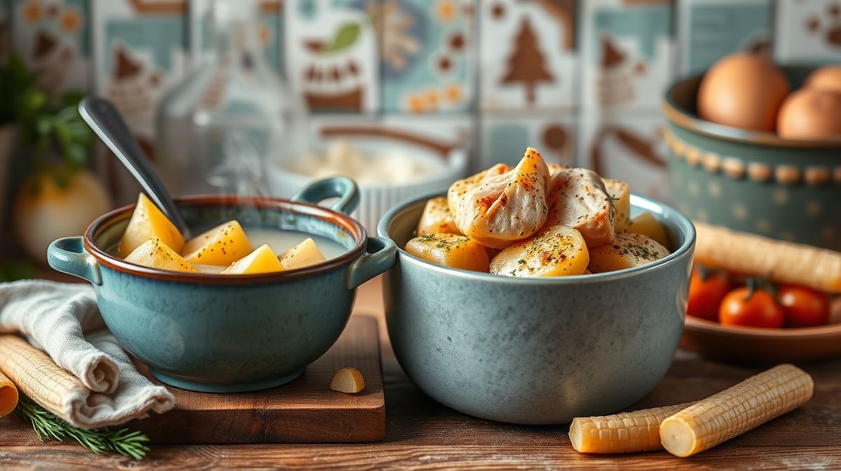 Imagem passo a passo mostrando montagem do refratário com camadas de batatas fatiadas, frango temperado e molho branco, ambiente de cozinha caseira, cores vibrantes e convidativas