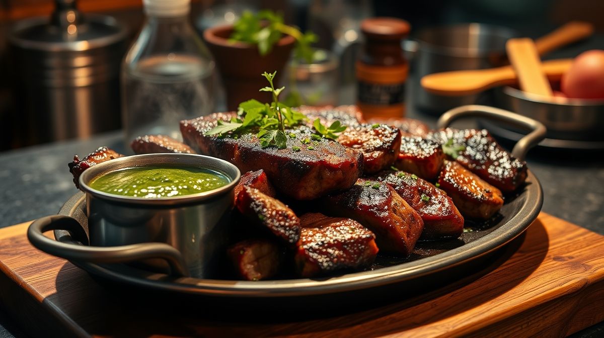 churrasco argentino com carnes grelhadas e um pote de chimichurri ao lado, ambiente rústico de cozinha ao ar livre, foco no molho vibrante e textura do tempero