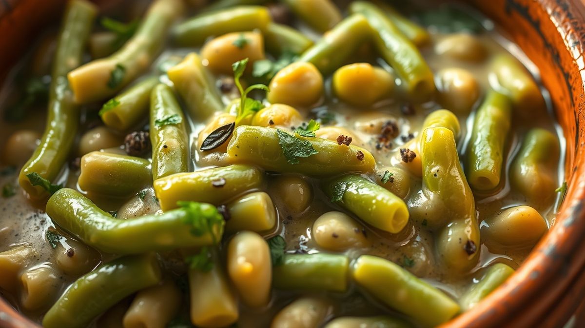 Close-up de feijão verde cremoso quente com detalhes da cremosidade, guarnecido com cheiro-verde picado e pimenta-do-reino, em panela de barro tradicional nordestina