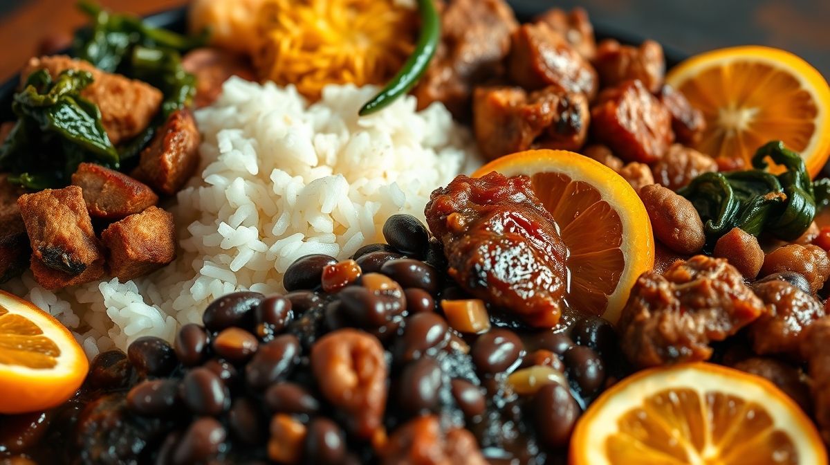 prato de feijoada servido para 4 pessoas, feijão preto, carnes variadas, arroz branco, farofa crocante, couve refogada e laranja, composição harmoniosa, close-up detalhado, foto culinária brasileira