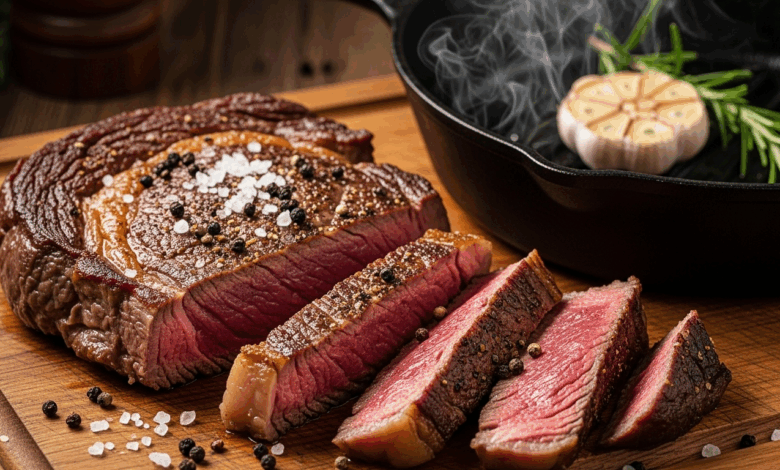 Um bife ancho perfeitamente cozido, fatiado para revelar um interior suculento e rosado, ao ponto, sobre uma tábua de corte rústica de madeira. Uma frigideira de ferro fundido é visível ao fundo, com um raminho de alecrim e um dente de alho. Iluminação quente e dramática. Estilo fotográfico fotorrealista de alimentos.