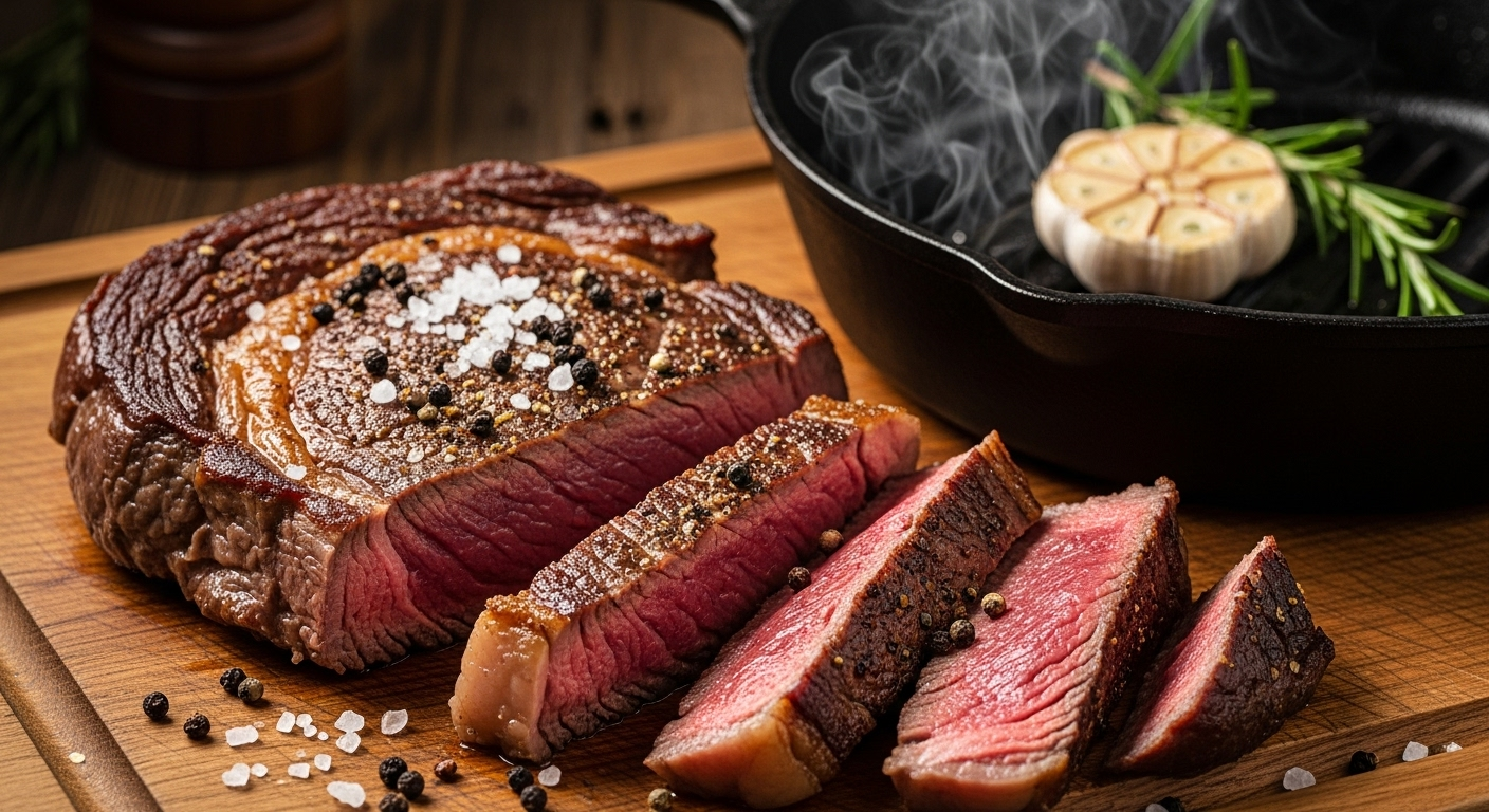 Um bife ancho perfeitamente cozido, fatiado para revelar um interior suculento e rosado, ao ponto, sobre uma tábua de corte rústica de madeira. Uma frigideira de ferro fundido é visível ao fundo, com um raminho de alecrim e um dente de alho. Iluminação quente e dramática. Estilo fotográfico fotorrealista de alimentos.