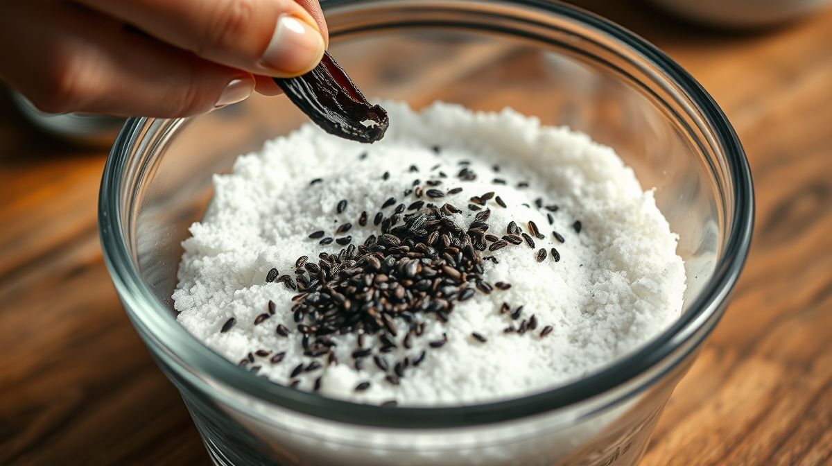 Imagem detalhada mostrando o processo de preparo do açúcar baunilhado, com mão raspando sementes da fava de baunilha e misturando com açúcar refinado em recipiente transparente