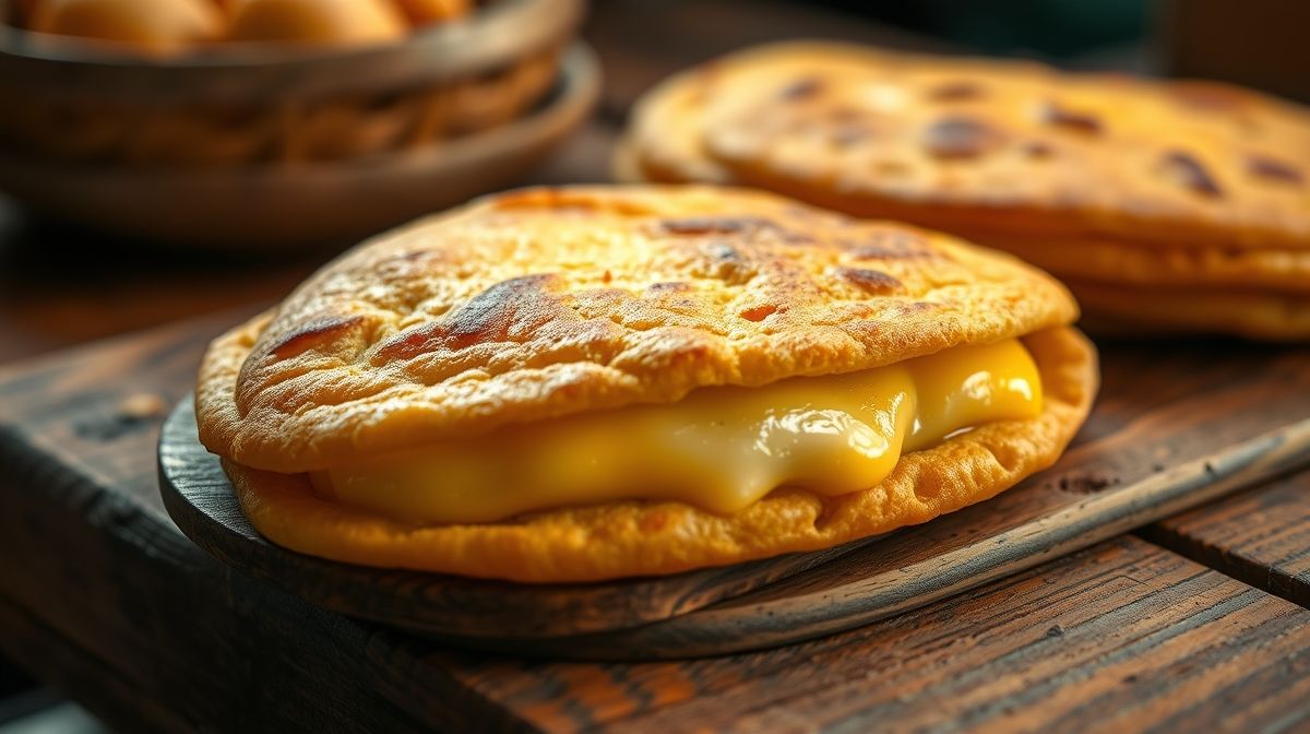 close-up de arepas mineiras recheadas com queijo, textura dourada e crocante, prato rústico sobre mesa de madeira, estilo culinária caseira brasileira