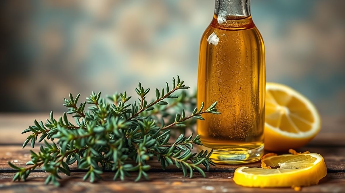 Close-up de azeite extra virgem com ramos frescos de tomilho e raspas de limão siciliano, fundo desfocado de mesa de madeira, estilo fotográfico clean e natural