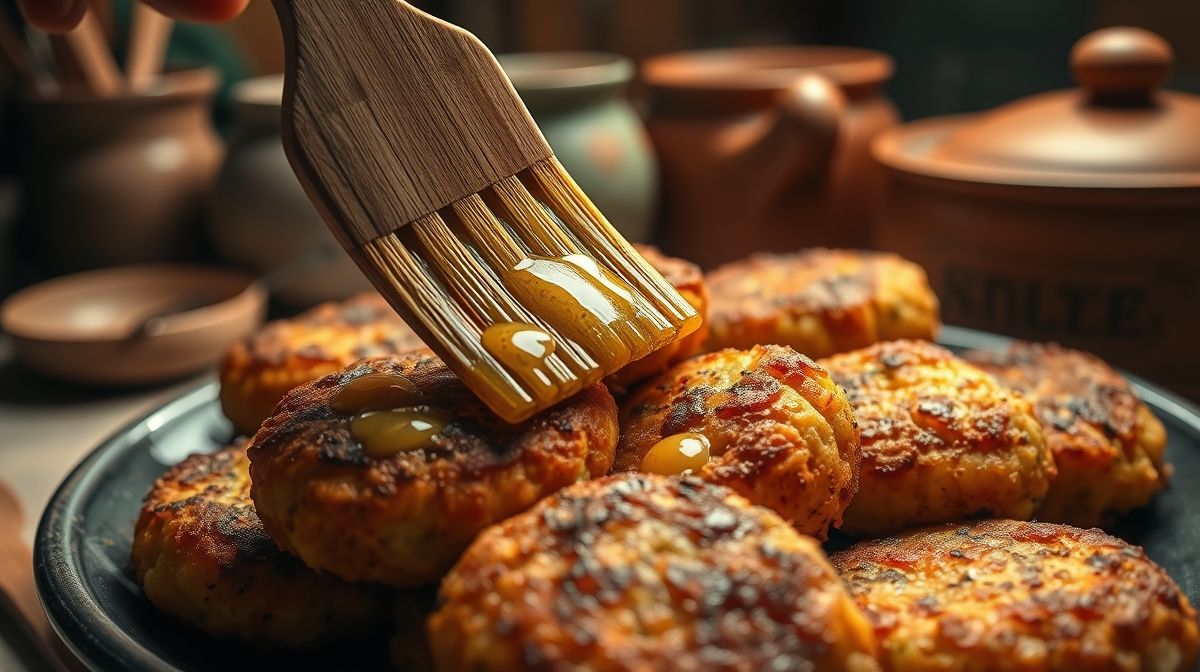 Close-up de bolinhos de bacalhau sendo pincelados com azeite antes de irem para airfryer, com utensílios de cozinha ao fundo, ambiente de cozinha rústica e acolhedora