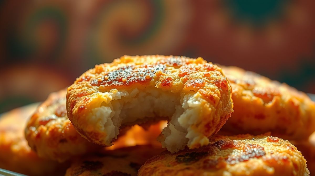 Close-up de bolinhos de peixe com farinha de trigo fritos, mostrando textura crocante e interior macio, com fundo desfocado e cores vibrantes