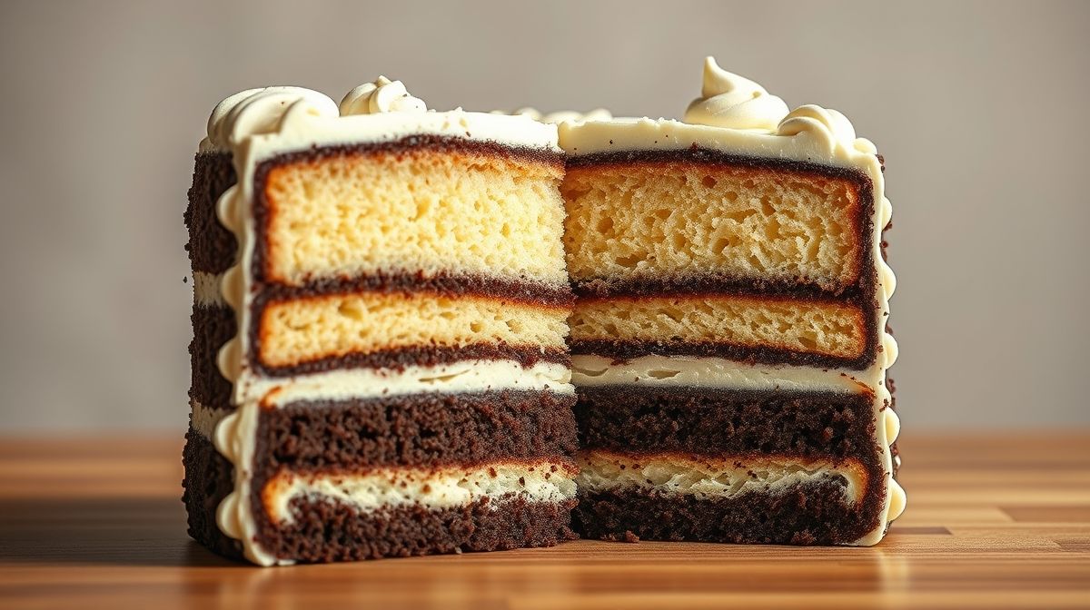 Imagem detalhada mostrando a textura interna do bolo amanteigado de baunilha e chocolate, destacando as camadas mescladas claras e escuras, em fundo neutro com foco nítido