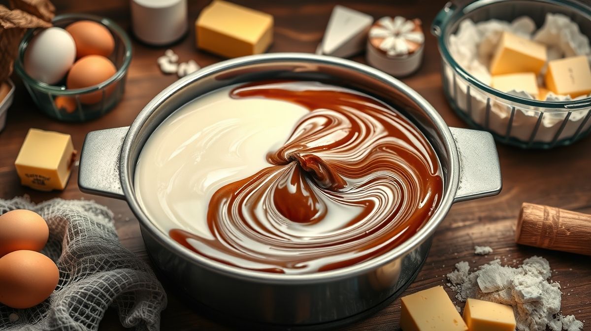 Imagem detalhada do processo de preparo do bolo amanteigado com massa branca e massa de chocolate sendo mescladas na forma, ingredientes frescos ao redor, ambiente de cozinha aconchegante e organizado.