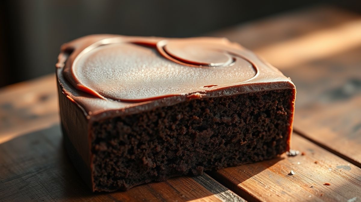 Detalhe da textura do bolo de chocolate com farinha de amêndoas cortado, mostrando camada cremosa de cobertura de cacau, mesa de madeira, estilo natural e atraente