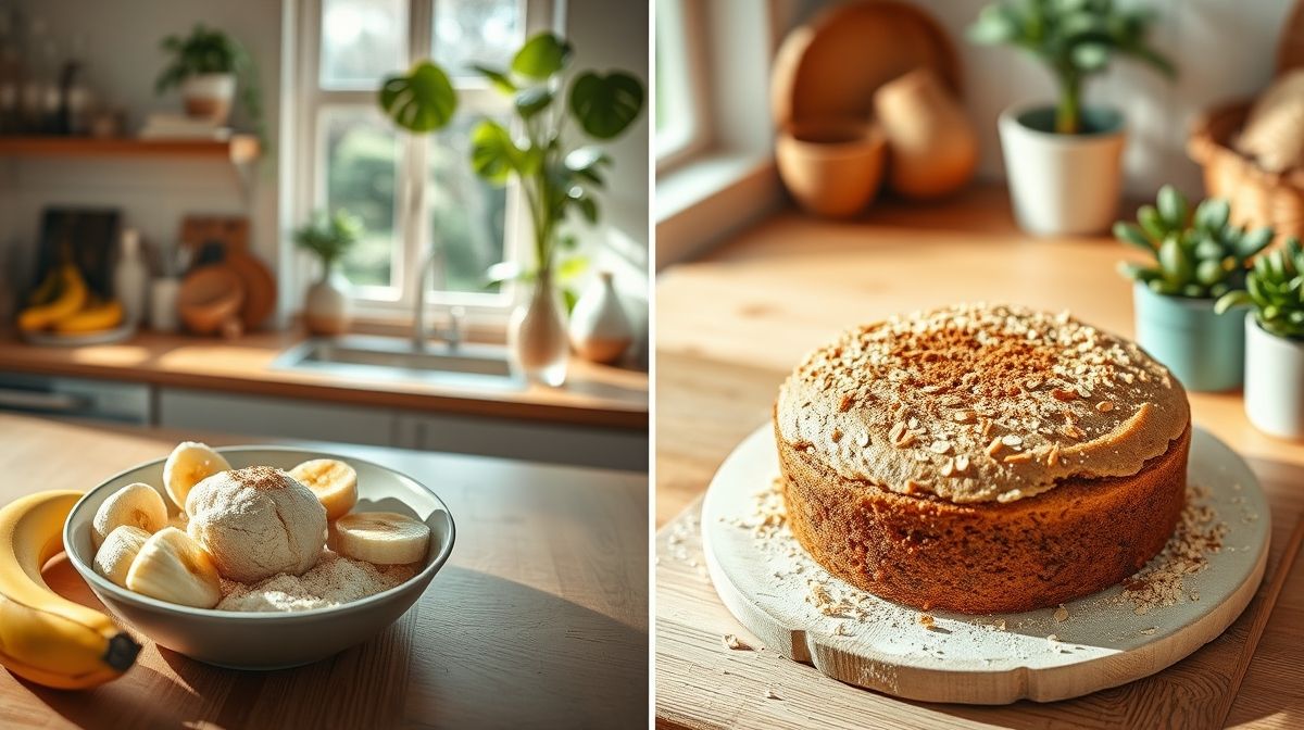 Imagem do passo a passo de preparo do bolo de banana fit com bananas maduras, farinha de aveia e canela, ambiente de cozinha iluminada com elementos naturais