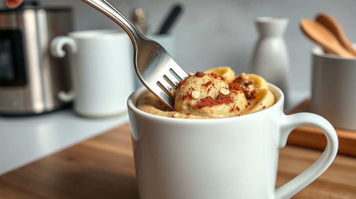 Close-up do preparo de bolo fit na caneca, mostrando a mistura de banana madura, cacau em pó e farinha de aveia dentro de uma caneca branca, com um garfo mexendo a massa, cenário de cozinha moderna e limpa com utensílios de cozinha ao fundo