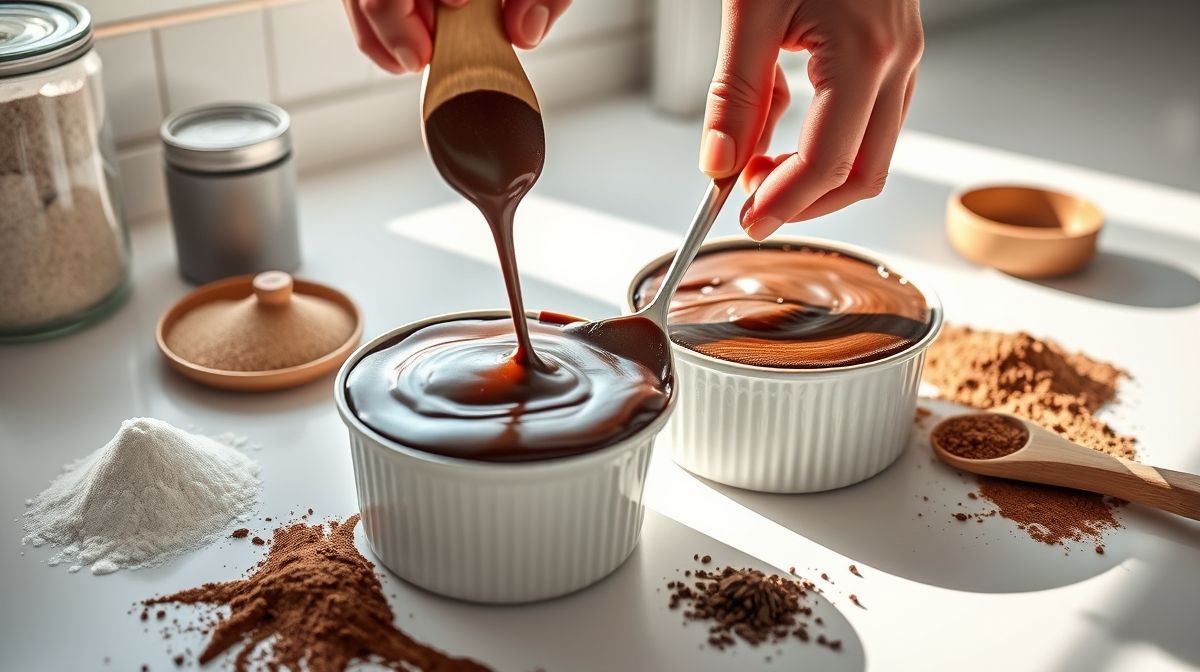 Imagem detalhada da massa de bolo de chocolate sendo dividida em dois ramekins, mostrando ingredientes como farinha, cacau e café ao redor, ambiente de cozinha clara e organizada