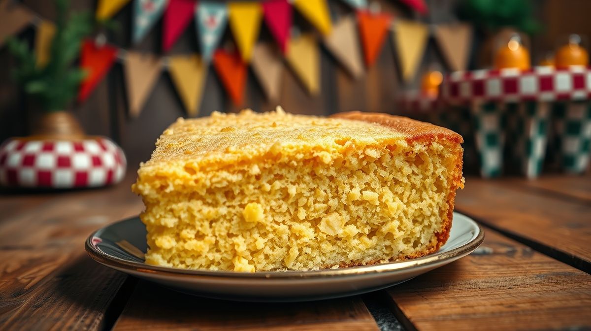 close-up de fatia de bolo de fubá cozido mostrando miolo úmido e textura macia, cenário rústico com mesa de madeira e elementos típicos de festa junina
