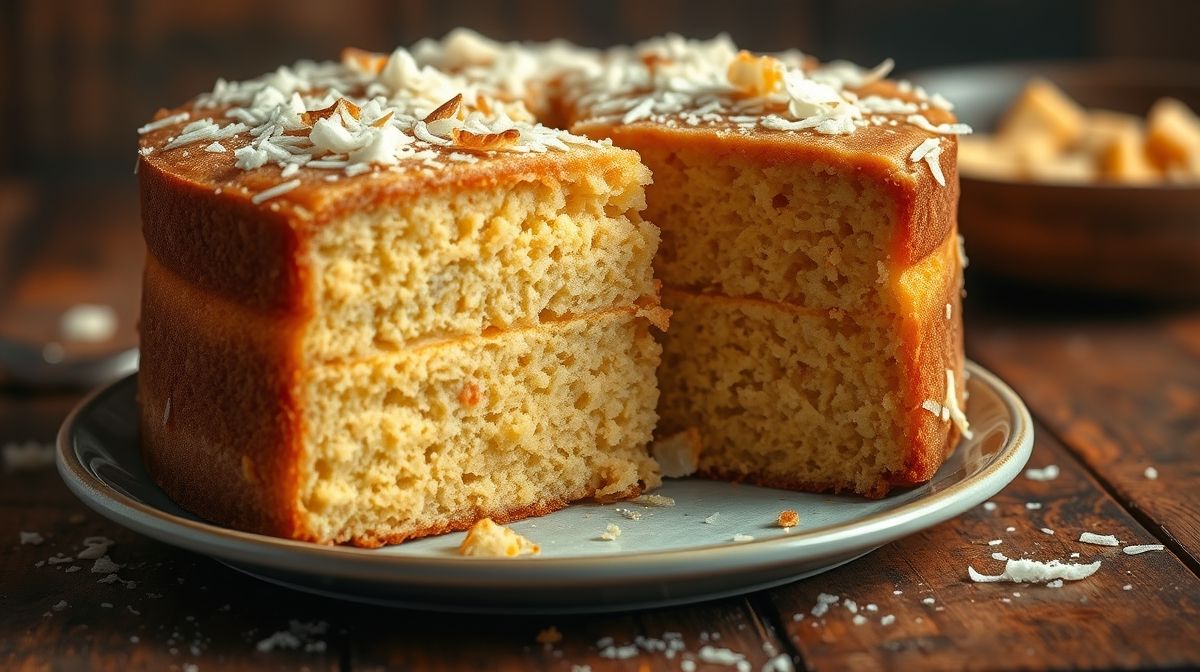 Imagem detalhada do bolo de fubá cremoso, mostrando a textura cremosa interna, fatia cortada em close, com coco ralado e queijo parmesão visíveis, estilo fotografia gastronômica acolhedora e apetitosa