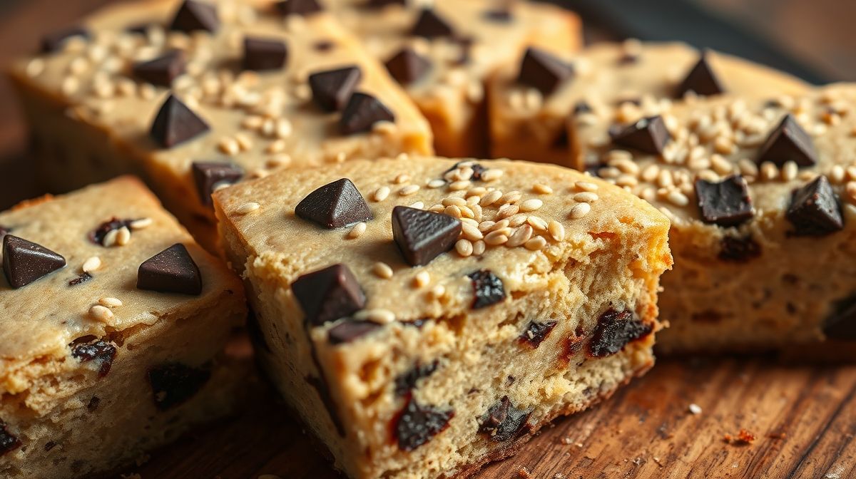 Imagem close-up de fatias de bolo de tahine com banana, mostrando textura úmida, com pedaços de chocolate meio amargo e cobertura de sementes de gergelim