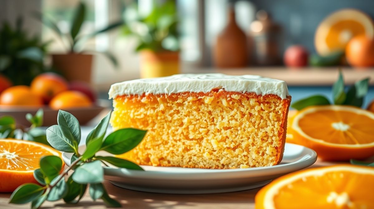 photo en gros plan d'un gâteau healthy à l'orange moelleux et nutritif, morceau coupé montrant la texture humide, fond clair avec des éléments de cuisine saine