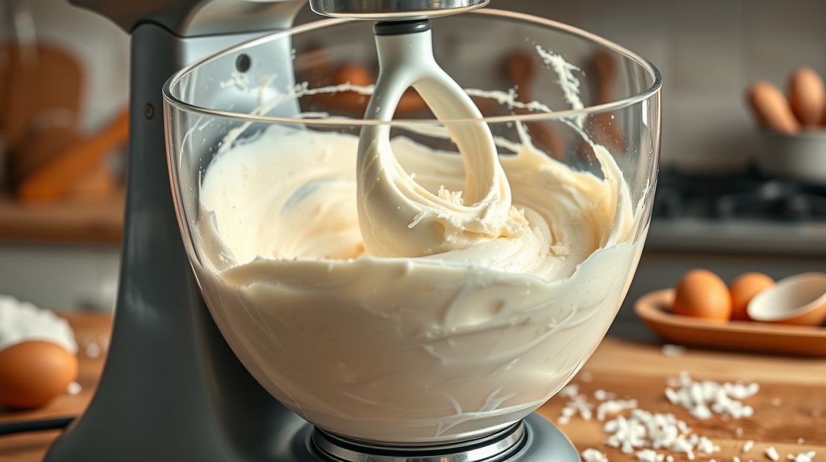 Imagem close-up da massa cremosa do bolo gelado de coco sendo preparada no liquidificador, mostrando ingredientes frescos como coco ralado, ovos e leite, ambiente de cozinha aconchegante