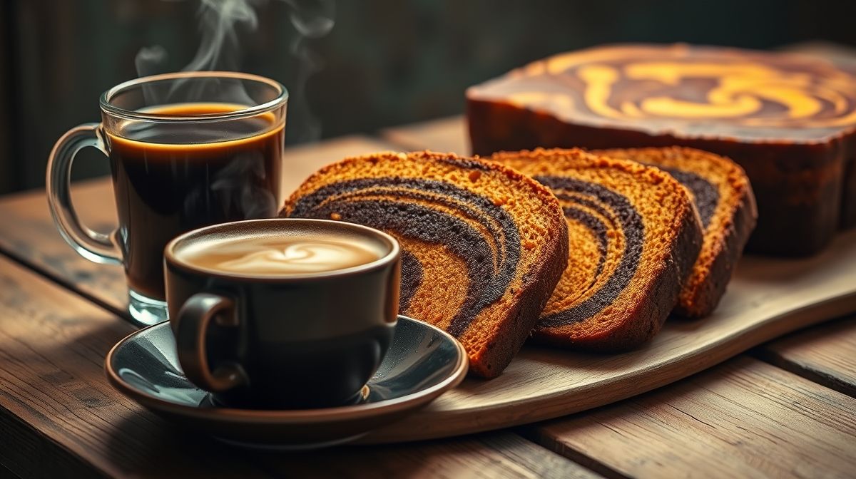 Imagem detalhada de fatias de bolo mármore de cenoura e chocolate sobre uma mesa de madeira, com foco na mistura harmoniosa dos sabores e textura fofinha, acompanhada de um copo de café ao lado