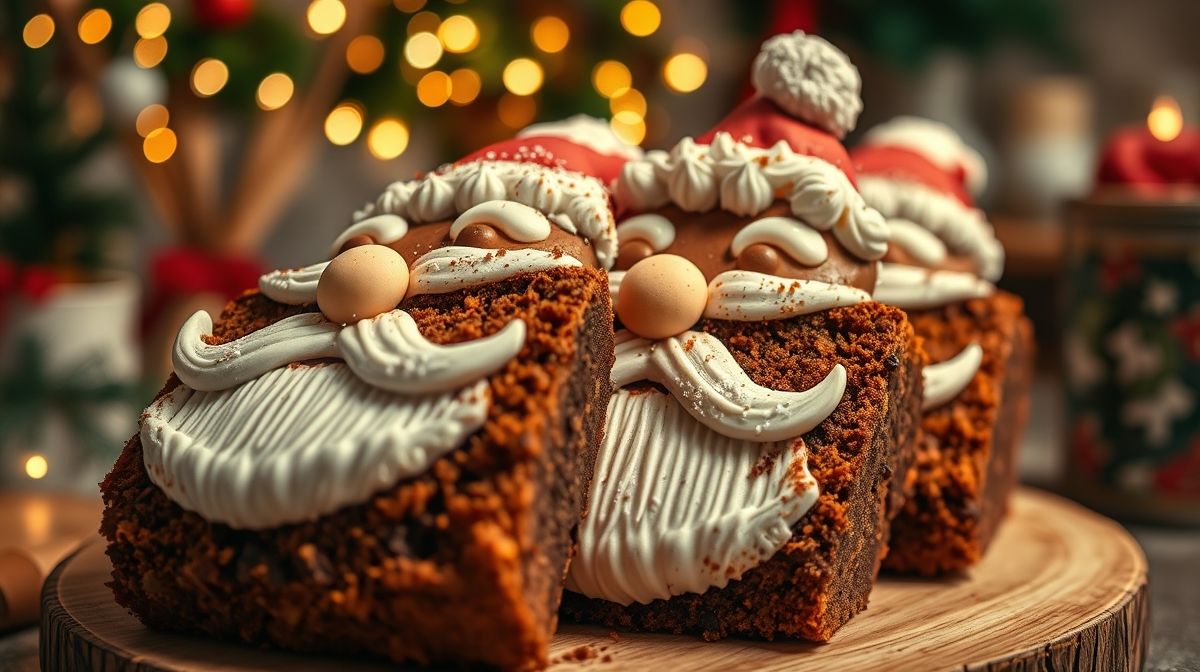 Close-up de fatias de Bolo Papai Noel de Cenoura e Chocolate cortadas em forma do Papai Noel, com detalhes claros dos ingredientes e textura, cenário de cozinha aconchegante de Natal