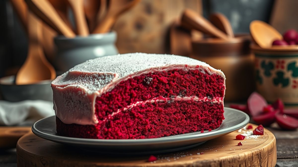 close-up do interior de um bolo red velvet natural, mostrando a textura macia vermelha e pedaços de beterraba, com utensílios de cozinha ao fundo