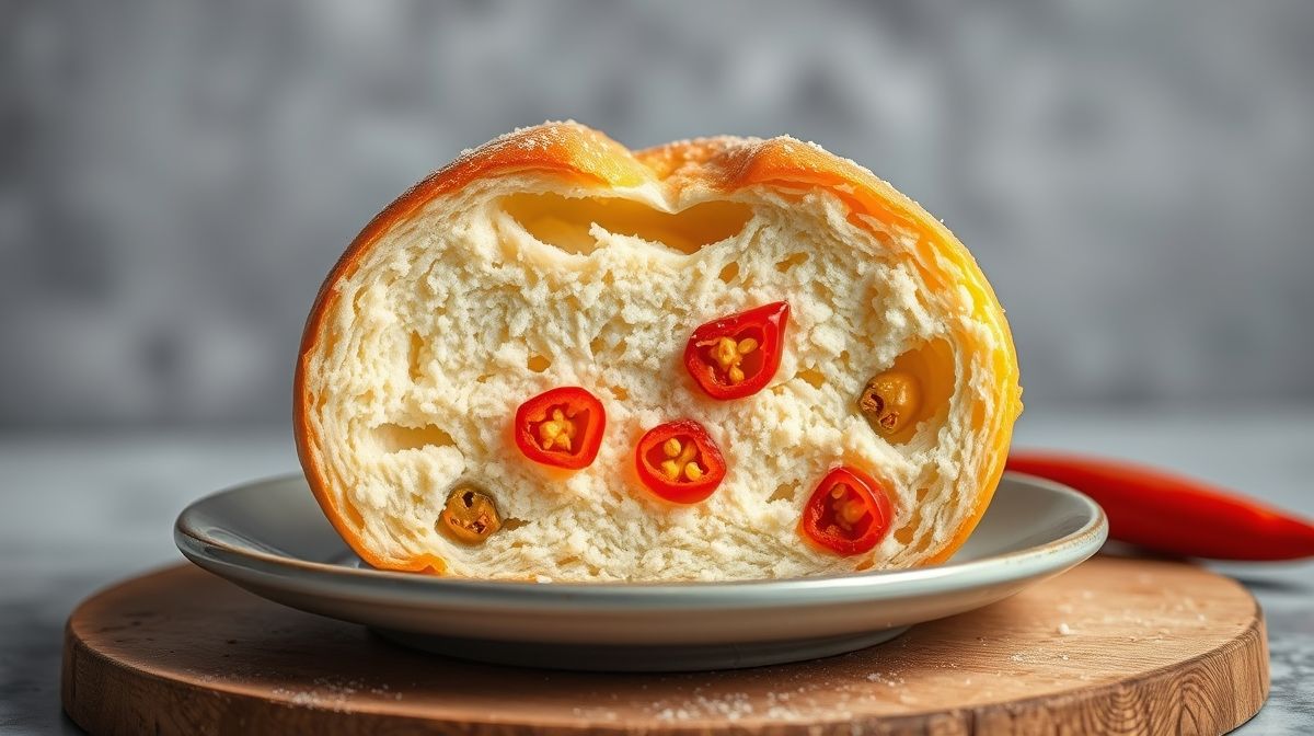 Imagem detalhada do interior de um bolo salgado de milho com pimentão cortado em fatias, mostrando pedaços pequenos de pimentão e textura cremosa, fundo neutro desfocado, estilo fotográfico apetitosa e caseira